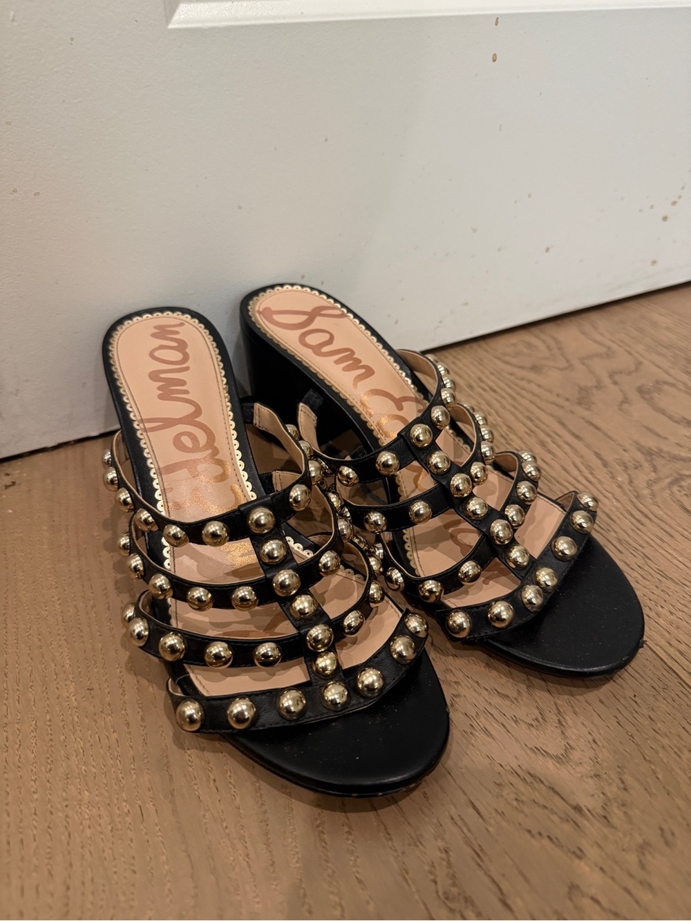 Sam Edelman Black Strappy Mule Heels with Gold Studs